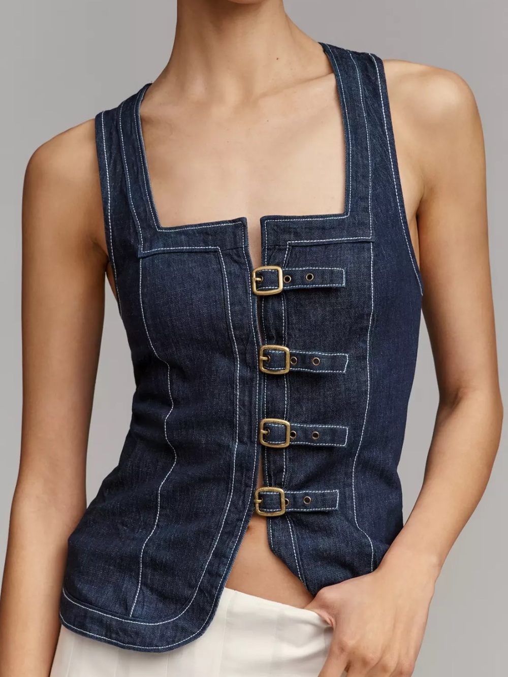 NWT Anthropologie Dark Blue Denim Buckle Front Women's Vest Jeans Top
